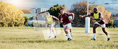 Image of Rugby, athlete on field and sport game with men, team and player with ball, fitness and active outdoor. Exercise, sports training and running, teamwork with competition and action with energy