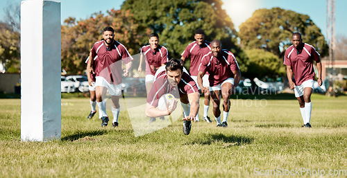 Image of Rugby, team on field and sports game with men, athlete running and player score a try with ball, fitness and active outdoor. Exercise, championship match and teamwork with jump, action and energy