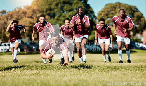 Image of Rugby, athlete on grass field and sports game with men, team running and player score try with ball, fitness and active outdoor. Exercise, championship and teamwork, cheers with action and energy