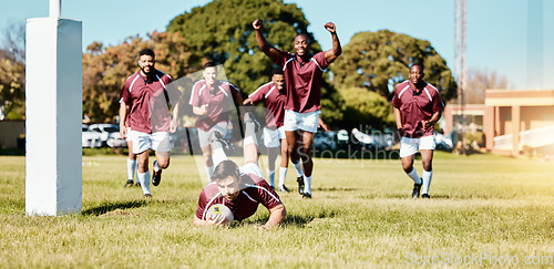 Image of Rugby, team and sports game with men celebrate player scoring a try, fitness and active outdoor with cheers. Happy, winning and support with competition and exercise, championship match and energy