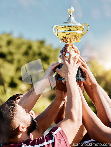 Image of Rugby, champion or hands of team with trophy for achievement, goals or group success together. Celebration, gold winner or happy people with cups awards for winning a sports competition or tournament