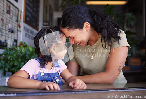 Image of Happy, smile and mother and daughter in cafe for bonding, quality time and relax at breakfast. Support, happiness and shopping with mom and child in restaurant for affectionate, peace and sweet