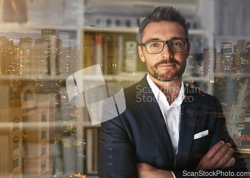 Image of City double exposure, business man and ceo portrait of a employee in office at night feeling proud. Corporate success, executive manager and businessman with mock up ready for working and leadership