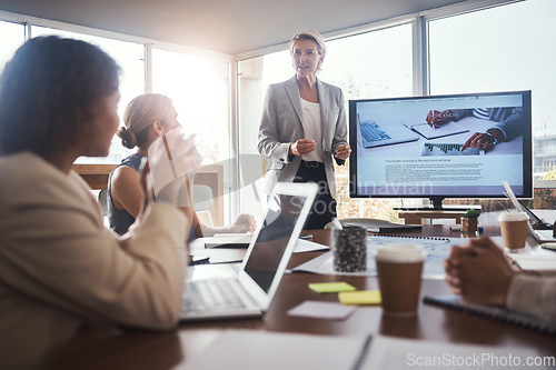 Image of Business, woman and leader with presentation with staff, brainstorming and planning for company growth, sales or conversation. Female speaker, group or presenter with motivation or corporate training