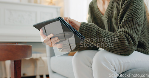 Image of Tablet, website ux and woman on sofa for internet, online search or social media network in home living room. Digital technology, web design and relax girl or user hands with designer software app