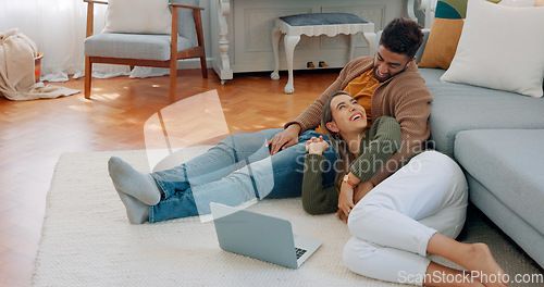 Image of Love, laptop and relax diversity couple enjoy quality time together, house peace and bonding in home living room. Online shopping, happy woman and calm man in communication discussion about choice