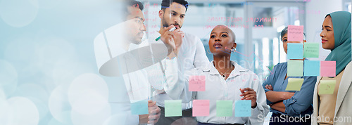 Image of Meeting, collaboration and sticky notes on glass with a business black woman coaching her team in the office. Strategy, teamwork and planning with a creative man and woman employee group at work