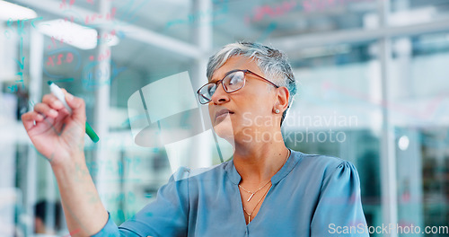 Image of Corporate, writing and senior woman thinking, glass board and planning sales growth in modern office. Ceo, female entrepreneur and advertising agent make notes, project schedule or brainstorming idea