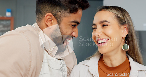 Image of Young couple in kitchen, people cooking in Mexico apartment and comic Indian man joke with girlfriends smile. Face of happy latino woman talking, bonding on home date and love funny time together