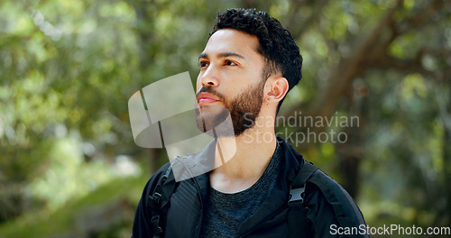 Image of Man, thinking and hiking in nature forest, Brazilian amazon woods or sustainability environment for workout, training and exercise. Confused hiker, lost person or backpacker in countryside adventure