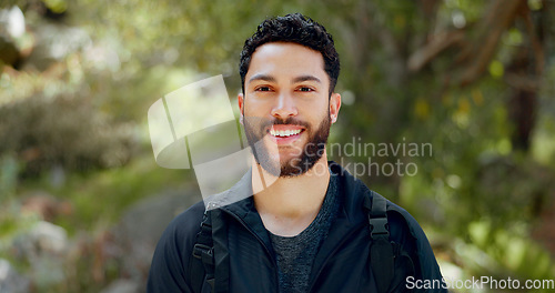 Image of Man, hiking or volunteer in nature woods, sustainability environment or Brazilian Amazon rainforest. Portrait, smile or happy person in garden park with climate change mindset or earth security goals