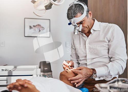 Image of Eye surgery, vision repair and doctor working on healthcare, wellness and eyes procedure. Hospital, clinic and medicare worker with a woman patient and medical cut for optometrist operation