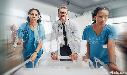 Image of Doctor, team and rush in healthcare emergency for surgery or operation in hurry pushing hospital bed. Senior medical expert rushing patient with nursing coworkers to intensive care or theatre clinic