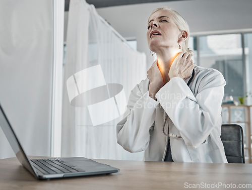 Image of Injury, burnout and a doctor with neck pain, inflammation and stress from healthcare work. Anxiety, problem and tired mature medical professional with a painful body, stressed and tense from career