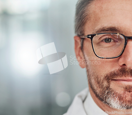 Image of Doctor, face and portrait smile for healthcare, vision or career ambition in life insurance on mockup. Closeup of happy male medical expert half smiling for medicare against a blurred background