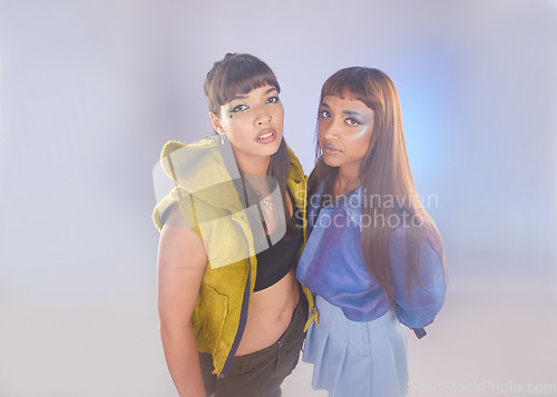 Image of Fashion, makeup and couple of friends portrait isolated on neon grey background in beauty punk, rock and hip hop. Cyberpunk, edgy cosmetics and dance team or diversity women in creative studio mockup
