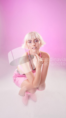 Image of Woman, fashion and portrait on pink background in studio with smoke for cyberpunk, cosplay or ai. Aesthetic model person for beauty and futuristic style for art, fantasy or augmented reality backdrop