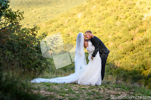 Image of Full-length portrait of the newlyweds against the backdrop of brightly lit foliage, the newlyweds passionately embrace