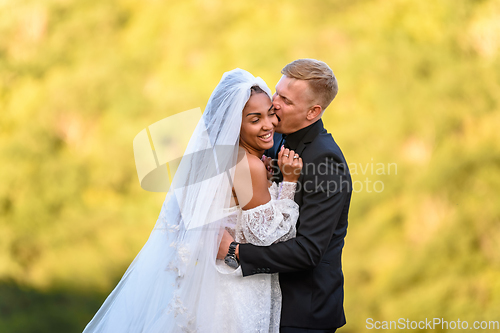 Image of Happy newlyweds are hugging against the backdrop of sunny evening foliage, the guy is trying to cheerfully bite the girl