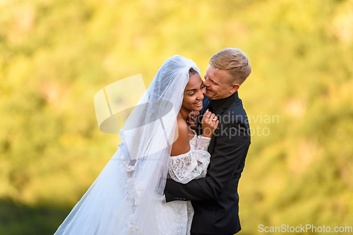 Image of Happy newlyweds hugging against the backdrop of sunny evening foliage