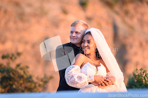 Image of Happy newlyweds in the rays of the setting sun