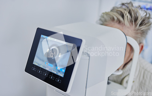 Image of Optometry, machine and woman with vision test, eye correction and retina consultation. Healthcare, ophthalmology and patient having a scan on eyes with a monitor for optical examination and eyesight