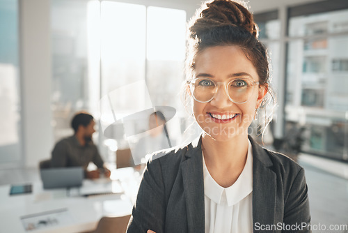 Image of Portrait of business woman in office management, company vision and happy for career opportunity, goals and leadership. Professional worker or person face in meeting for workflow, agenda and planning