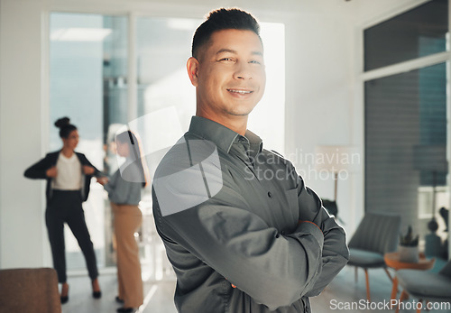 Image of Portrait, leader and proud businessman in office happy, smile and empowered, ambition and mindset. Face, vision and male ceo at startup company for management, mission and productive coworking space