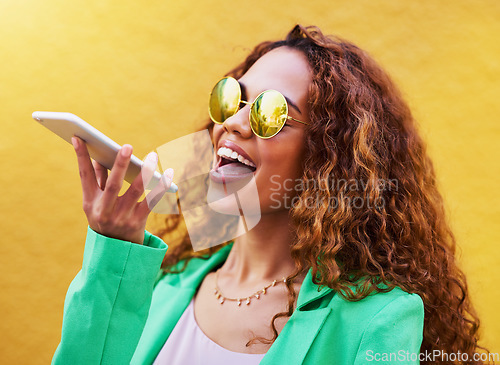 Image of Audio message, conversation and woman on a phone call for communication, connection and chat. Voice assistant, record and girl speaking through a mobile for discussion and talking on a city wall