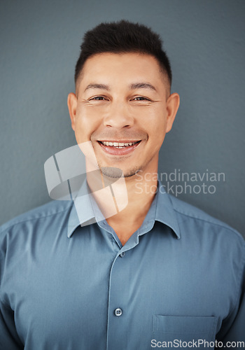 Image of Portrait, business and man with smile, leadership and skills for company, startup and dark studio background. Face, male employee and manager with opportunity, happiness and ceo with growth and sales