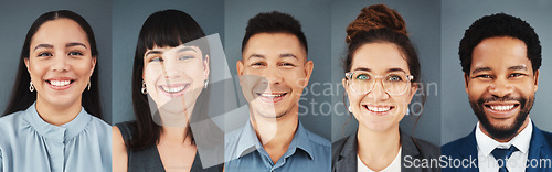 Image of Collage, portrait and face of business people with smile, professional group and headshot on studio background. Diversity, employees and composite of happy corporate teamwork, global company or trust