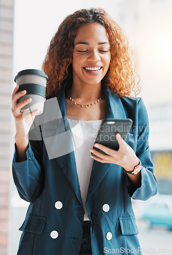 Image of Phone, coffee and laugh with a business black woman laughing at a meme or joke on social media. Mobile, contact and humor with a funny female employee on the internet to enjoy happy comedy