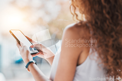 Image of Hands, phone texting and black woman in city, summer sunshine and communication on web, app or chat. Smartphone, social network and girl with blurred background, reading and technology with email ux