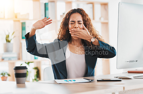 Image of Tired, yawn and business woman at desk in office feeling exhausted, overworked and low energy. Lazy, sleepy and stretching female worker with burnout, fatigue and bored with job in startup company
