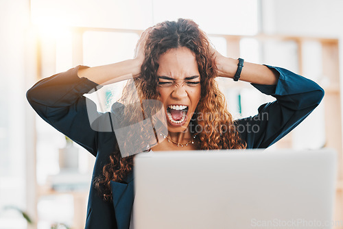 Image of Screaming, mad and angry businesswoman on laptop at desk, crazy office and 404 technology glitch. Frustrated worker, stress and shouting at computer for crisis, mistake and anger at internet problem