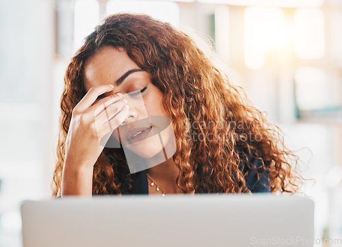 Image of Burnout, headache and frustrated business woman on laptop in office of 404 technology glitch, crisis or problem. Sad worker, stress and computer mistake with anxiety, fatigue or face of mental health