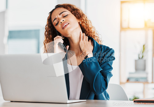 Image of Business, phone call and black woman with neck pain, laptop and burnout in workplace, muscle strain or overworked. Injury, African American female employee or ceo with smartphone or tension in office