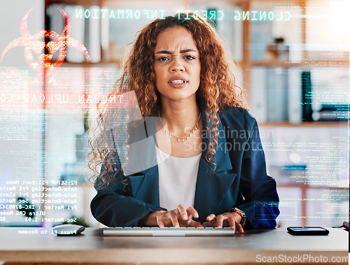 Image of Angry businesswoman, computer and virus in cybersecurity, malicious software or application at office desk. Upset female employee by hacked desktop PC, scam or internet fraud and data error glitch