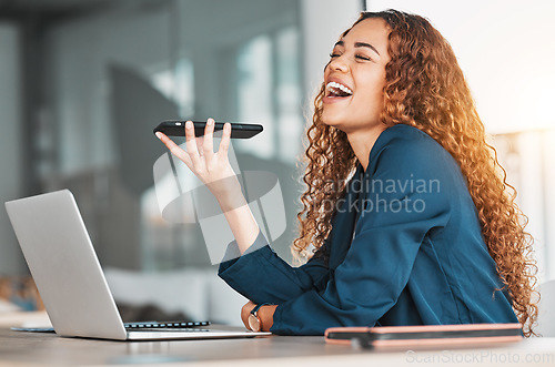 Image of Businesswoman, laptop and phone laughing for funny joke, meme or conversation on speaker at office desk. Happy female employee laugh for fun discussion, talking or speaking on smartphone by computer