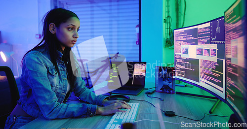 Image of Serious developer, code and computer screen in neon programming, cybersecurity analytics or SEO night strategy. Programmer, woman and hacker technology coding on dark software, iot safety or password