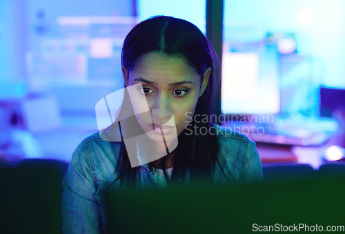 Image of Woman, computer or stress face in neon house with cybersecurity ransomware, night phishing or code crisis. Developer, technology or 404 glitch for anxiety, worry or scared programmer with safety scam