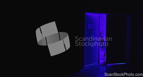 Image of Hacker, hide or neon in night coding, web 3.0 programming or phishing software mock up in off grid door. Woman, programmer or developer on technology for dark scam, cybersecurity or secret copy space