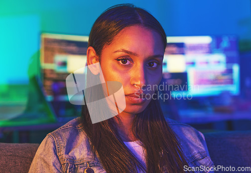 Image of Hacker, portrait or serious face in neon house with cybersecurity ransomware ideas, phishing vision or coding innovation. Programmer, developer or woman in dark home and secret software virus or code