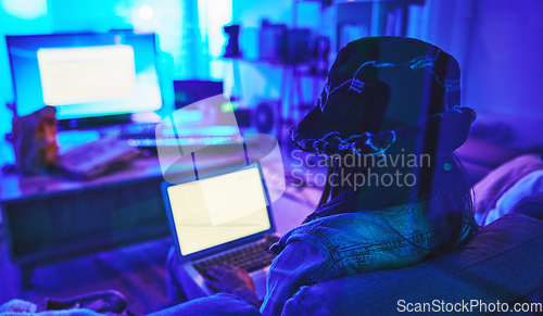 Image of Programmer, laptop screen or neon mockup for coding ransomware, SEO night phishing or code programming. Hacker, developer or woman on technology for dark software, iot bug mock up or safety data scam