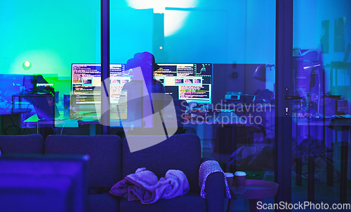 Image of Hacker, back or computer screen in neon programming, cybersecurity ransomware or SEO night phishing in basement. Programmer, developer or woman on technology coding for dark software, iot bug or scam