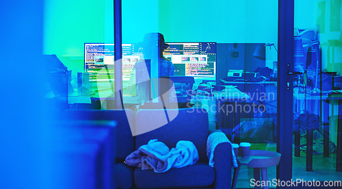 Image of Programmer, back or computer screen in neon programming, cybersecurity ransomware or SEO night phishing in basement. Hacker, developer or woman on technology coding for dark software, iot bug or scam