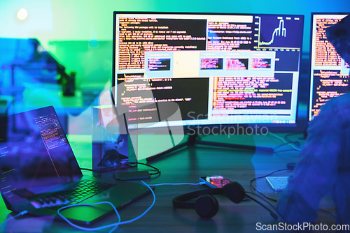 Image of Developer, code or computer screen in neon programming, cybersecurity ransomware or SEO night phishing in basement. Hacker, programmer or woman on technology coding for dark software, iot bug or scam