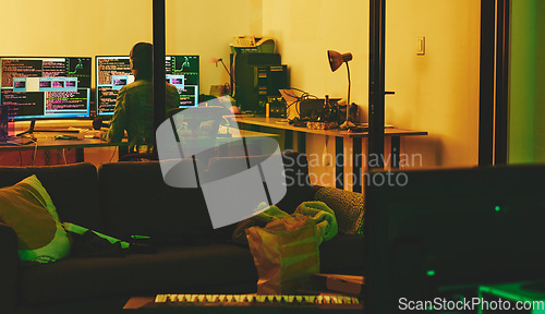 Image of Developer, back or computer screen in neon programming, cybersecurity ransomware or SEO night phishing in basement. Hacker, programmer or woman on technology coding for dark software, iot bug or scam