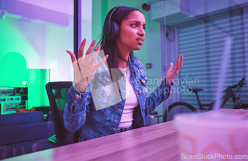 Image of Woman, headphones or stress in neon house basement in esports burnout, 404 gaming glitch or challenge fail. What, confused or gamer in dark home with streaming headset, software crisis or competition