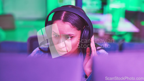 Image of Developer, computer or headphones in neon programming for iot coding, night SEO thinking or code cybersecurity. Programmer, woman or desktop technology with music, radio or podcast for strategy ideas